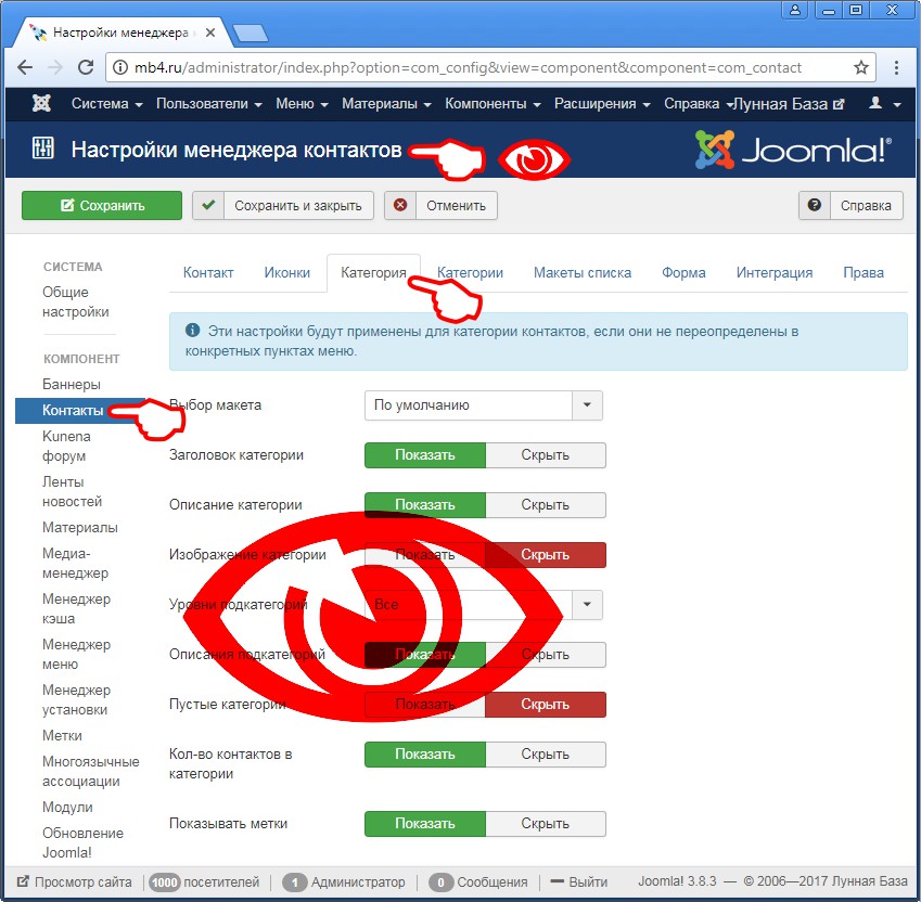 Внешний вид Вкладки «Категория» в Глобальных Настройках менеджера контактов в админке Joomla