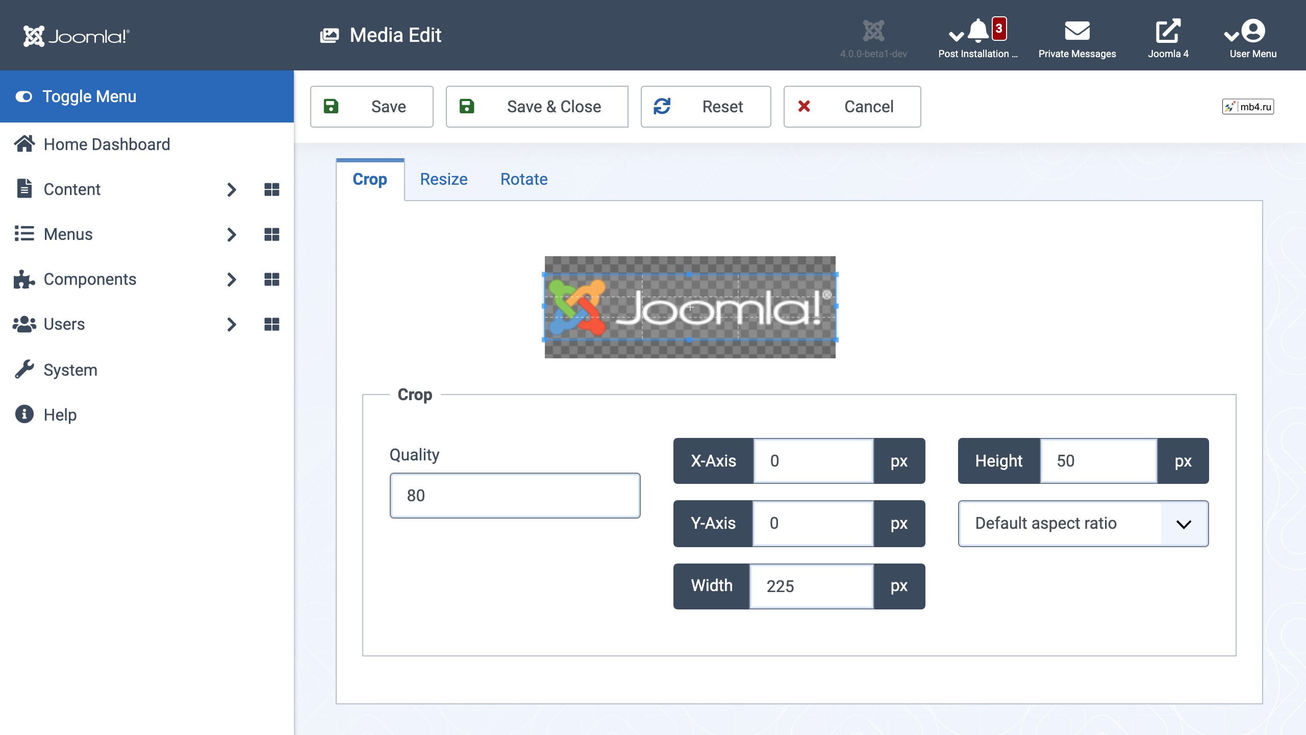 Выберите инструмент редактирования изображения в новом Медиа менеджере Joomla 4