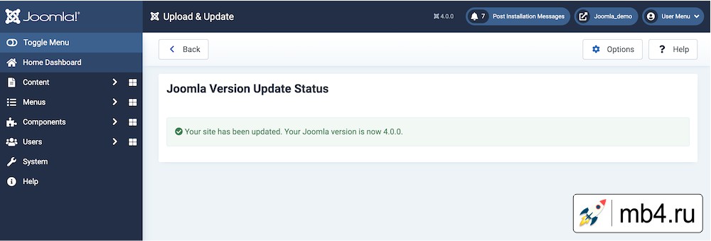 Перенаправление на панель управления Joomla 4. Вы успешно обновили сайт до Joomla 4