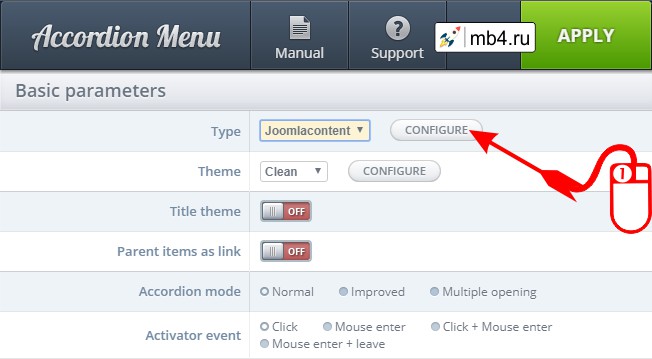 открыть окно «Joomla categories and articles menu properties»