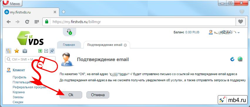 откроется окно «Подтверждение email» BILL-manager