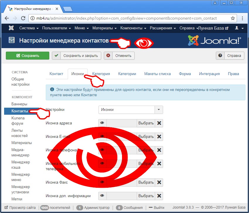 Внешний вид Вкладки «Иконки» в Глобальных Настройках менеджера контактов в админке Joomla
