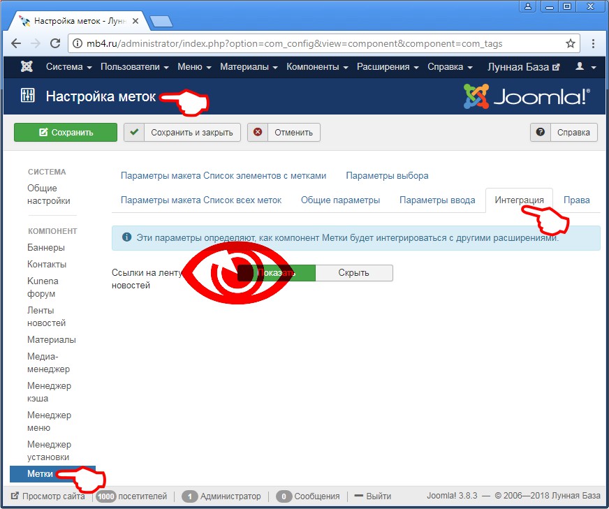 Внешний вид Вкладки «Интеграция» глобальных настроек менеджера меток в админке Joomla