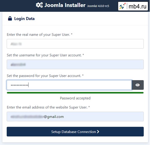 экран данных для входа в систему Joomla 4