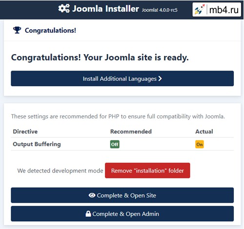 Завершение работы по установке Joomla 4