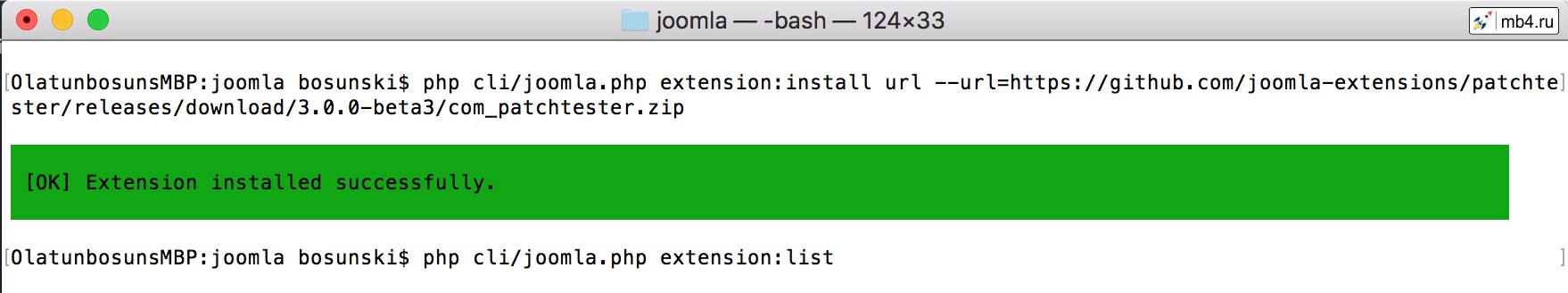 Чтобы установить расширение по URL, мы выполним команду следующим образом и предоставим аргумент и опцию для команды extension:install