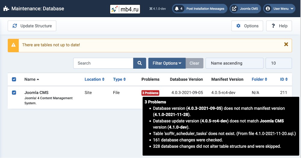 Экран базы данных Joomla 4 с 3 проблемами базы данных
