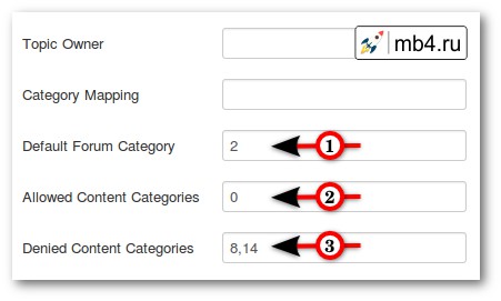 Введите 0 Kunena, чтобы разрешить все категории Joomla (Allowed Content Categories)