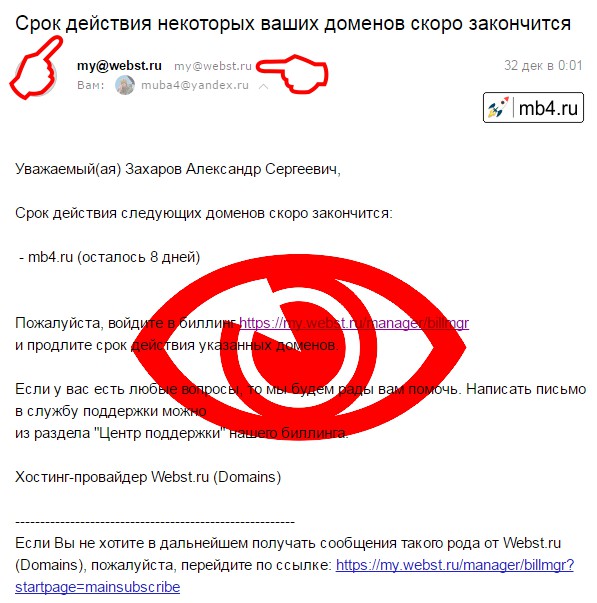 Внешний вид Уведомления об окончании срока регистрации домена от Webst.ru