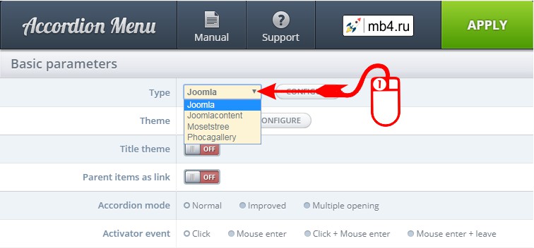 требуется сперва выбрать тип меню «Joomla» в выпадающем списке типов в Поле «Тип»