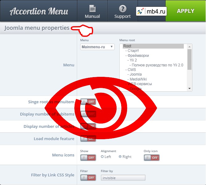окно «Joomla menu properties» с настройками свойств меню Joomla в Nextend Accordion Menu