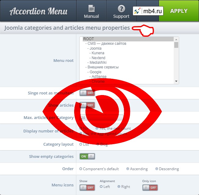 Внешний вид окна «Joomla categories and articles menu properties» с настройками свойств меню категорий и материалов Joomla в Nextend Accordion Menu