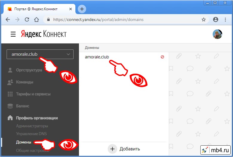 после проверки правильности синтаксиса и внесения записи в данные, Яндекс Коннект откроется на пункте «Домены»