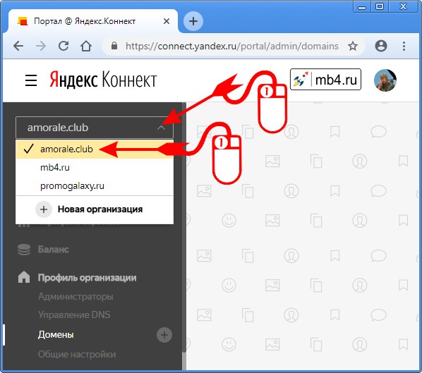 чтобы работать с доменными именами, нужно из выпадающего списка доменов в Меню админки Яндекс.Коннект выбрать нужный