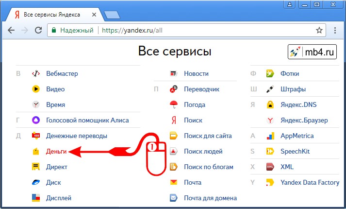 отыскать Яндекс Деньги в списке «Все сервисы»
