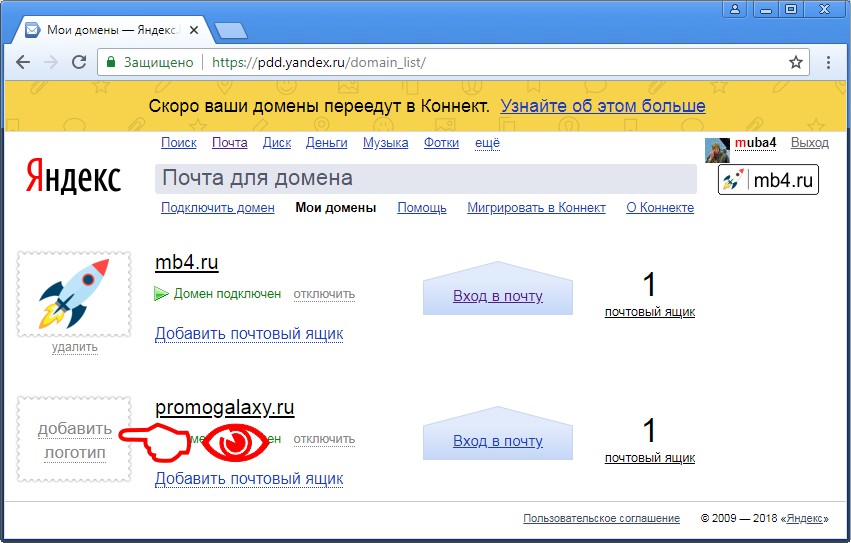 Результат удаления логотипа Почты для домена Яндекса